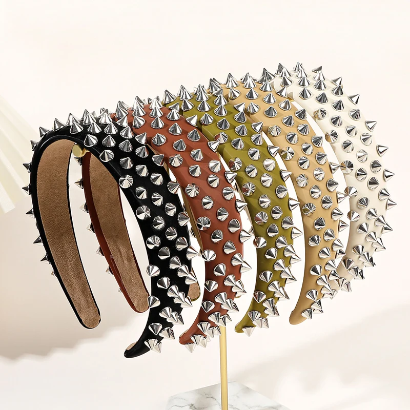 

Женский обруч для волос с заклепками, модный винтажный кожаный обруч для волос в стиле панк, аксессуары для волос для девушек, 2023