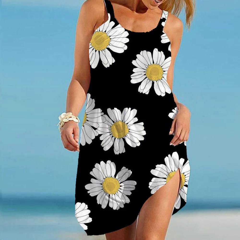 

Women Summer Mini Dresses 2022 Vintage Floral Little Daisy Print Boho Beach Dress Sexy Sleeveless Tunic Tank A Line Loose Dress