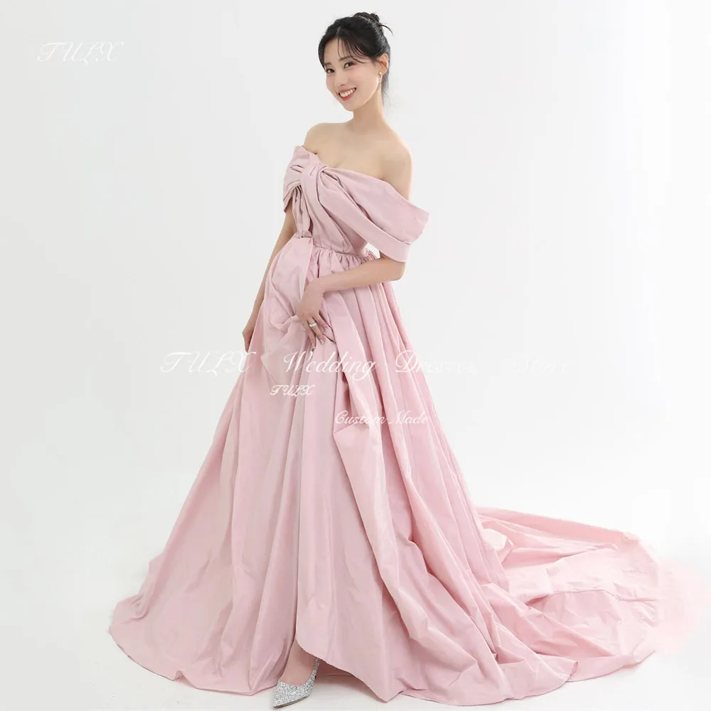 TULX Корейское свадебное платье с открытыми плечами и складками розовое короткое