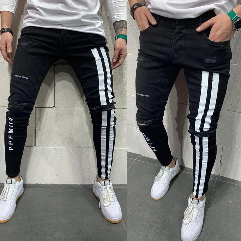 Autumn Fashion Men's Jeans Trousers Tight Elastic Knee Ripped Pants Pencil Pants Daily Casual Jogging Sports Ropa Hombre S-4XL