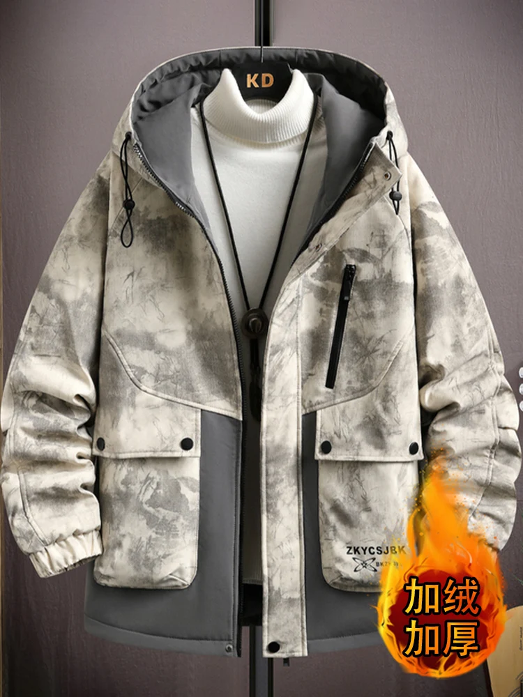 Cargo Outerwear Men's Autumn and Winter Fleece-lined Thickened Hood Cotton-padded jacket Jacket Ruoshuai Tie-dye Warm W...