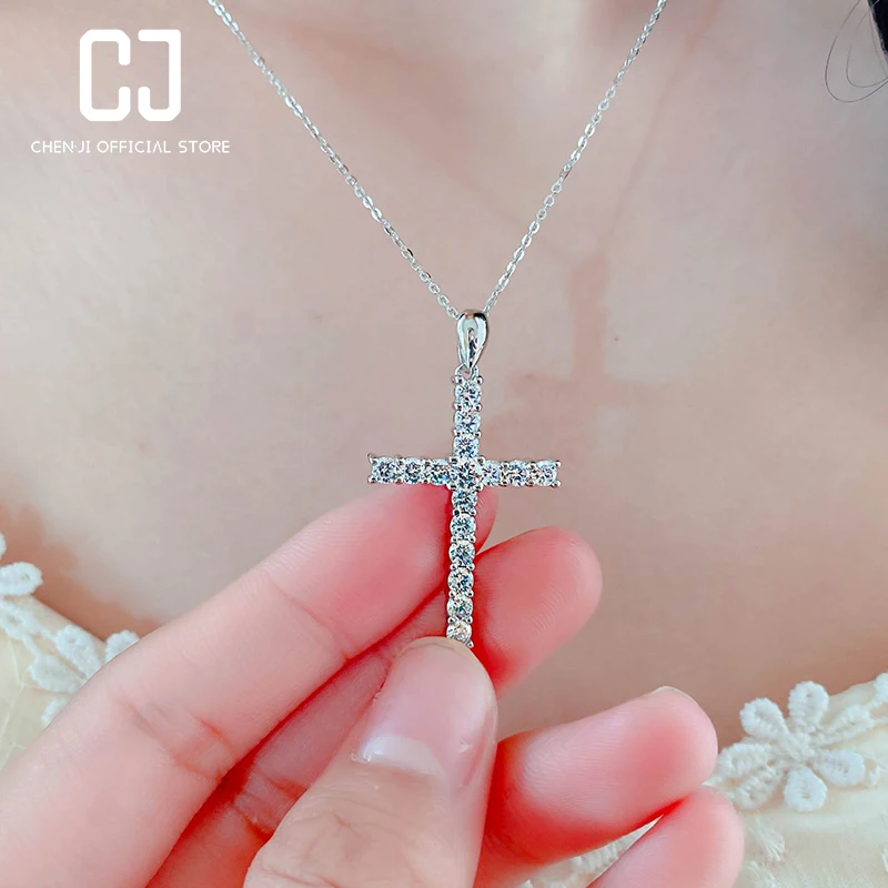 

CHENJI S925 Стерлинговое серебро бриллиант крест ожерелье Женская мода цепочка Кулон праздничный подарок