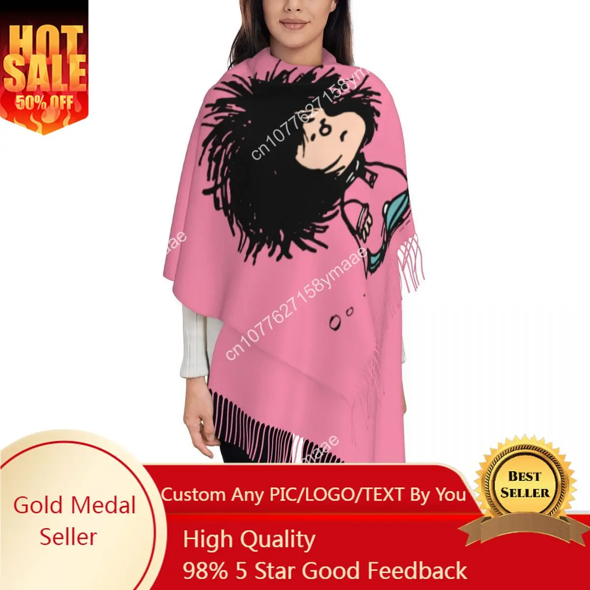 

Custom Mafalda With Nightgown Quino Argentina Cartoon Shawl Wrap for Women Warm Large Long Scarf Reversible Shawl Scarves