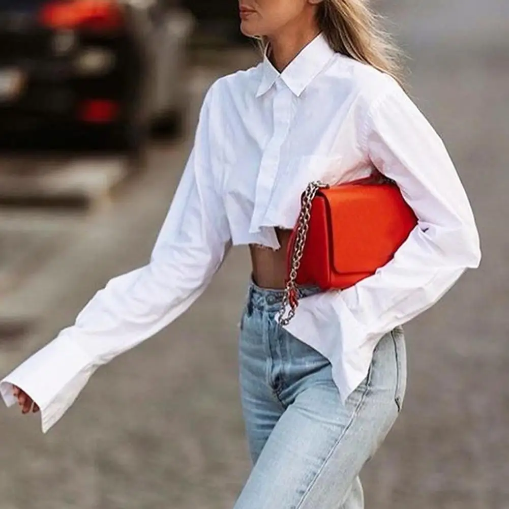 

Fashion Women Crop Shirt Tops Flare-sleeve Asymmetry White/Black Stylish Solid Color Elegant Lady Blouse blusa feminina camisas