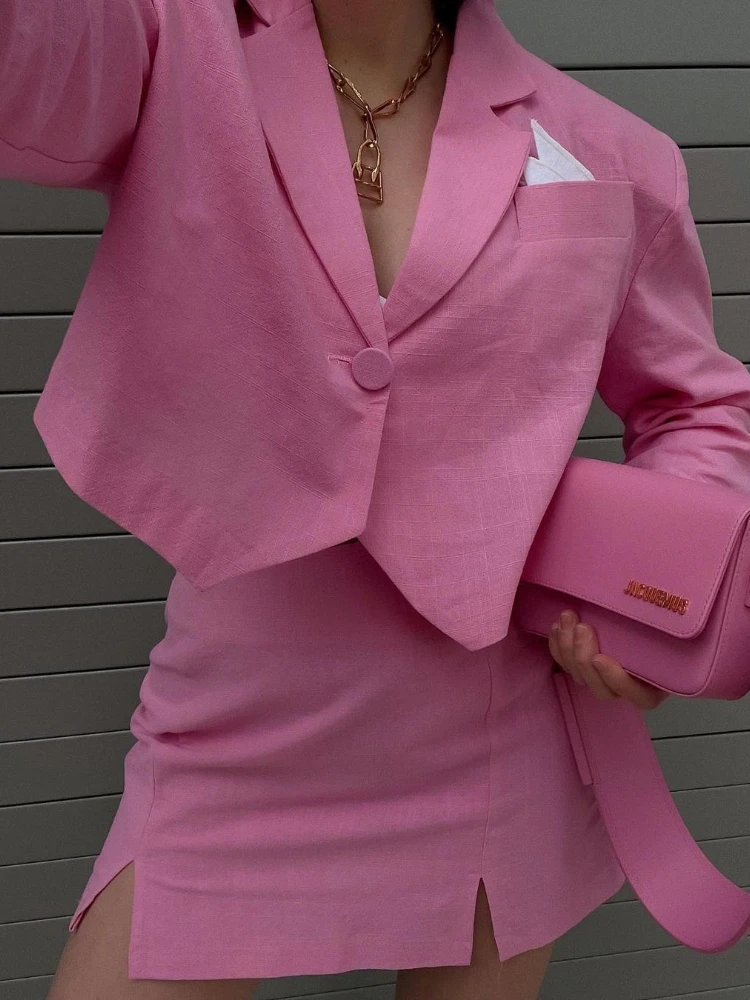 Женский костюм-двойка с юбкой элегантный розовый костюм лацканами весна-лето