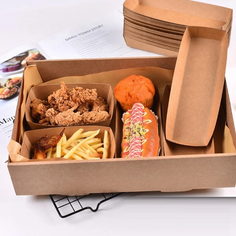 

Одноразовый поднос из крафт-бумаги для подачи еды, 200 шт., коробка для хот-догов, картофеля фри, курицы, крафт-бумага