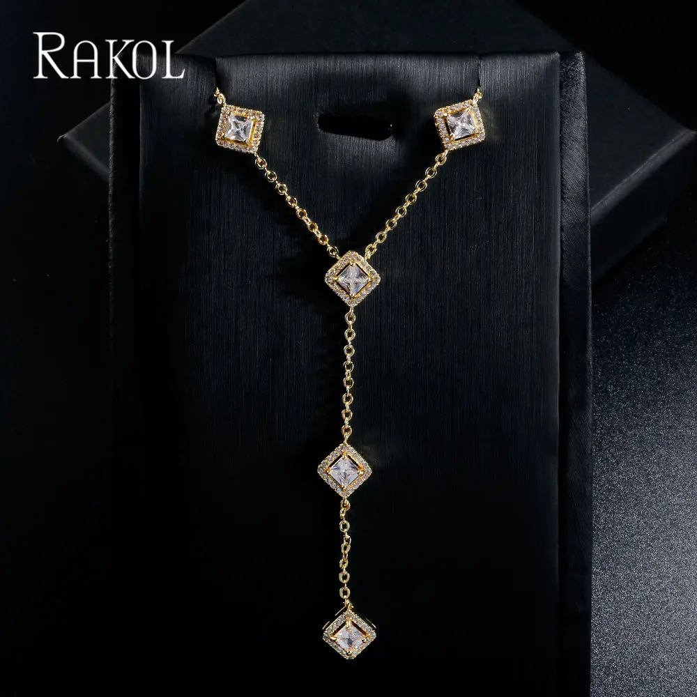 

RAKOL Long Zircon Chain Necklace for Women Fashion AAA Square Cubic Zirconia Pendant Necklace Wedding Engagement Party Jewelry