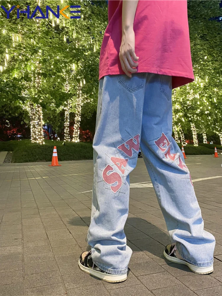 High Street Print Black Jeans Men's Y2K Straight-leg Pants Loose Wide-leg Jeans Hip-hop Style Men's Trousers джинсы для мужчин