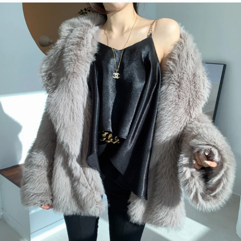 Gentle Luxury Fur Coat For Women Fluffy Furry Faux Fur Jackets Girl Turn-Down Collar Street Outerwear Lady Fashion Warm Overcoat