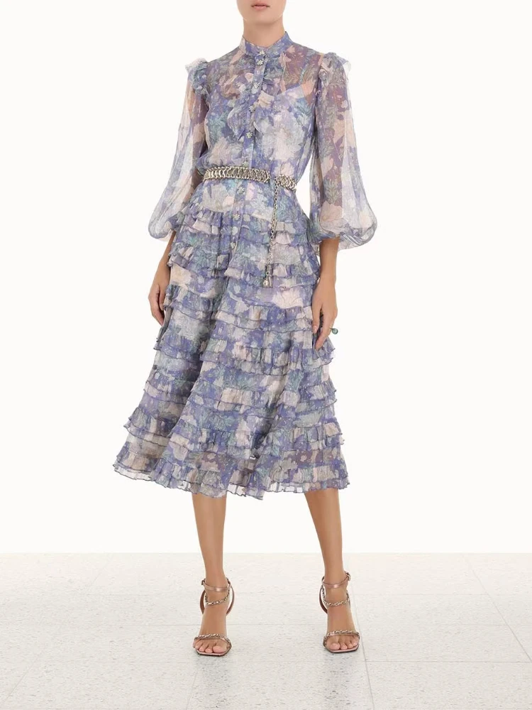 

2022 Autumn Top Quality Pure Silk Blue Floral Printing Cascading Frill Ruffles Dresses for Women
