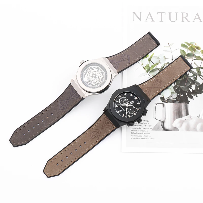 Watch Accessories Frosted leather strap for HUBLOT Hublot Abrasive leather surface silicone base 25x19mm Unisex watch band