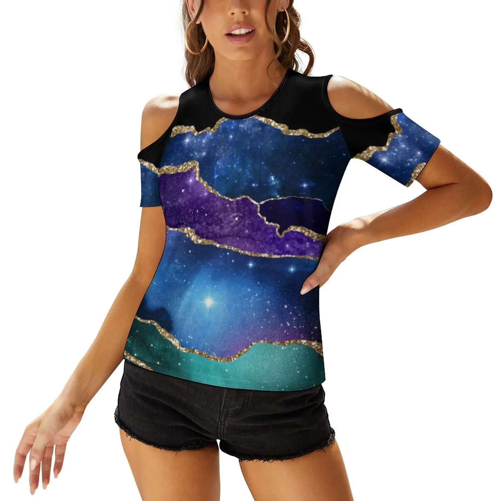 

Purple Teal Gold Glitter Marble T-Shirts Elegant Galaxy Pirnt Simple T Shirt Sexy Short Sleeve Oversize Beach Print Tee Shirt