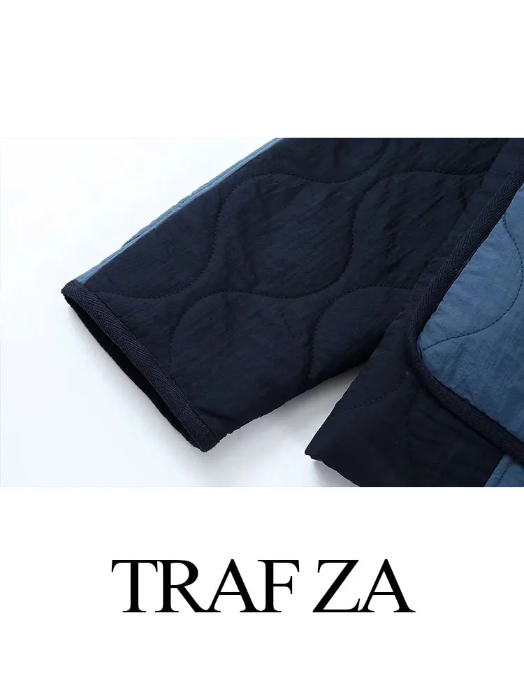 TRAF ZA Womens Fashion Crew Neck Loose Long Sleeve Cotton Coat Patch Pocket Single Breasted Warm Jacket Female Chic Outerwear