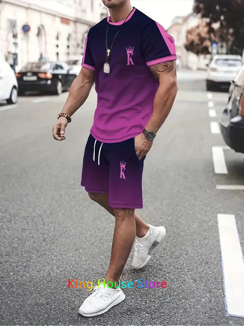 New Summer Fashion Men's 2 Piece Set Tracksuits Casual Short Sleeves T-shirt+Shorts Sportwear Oversized Male Clothes Set