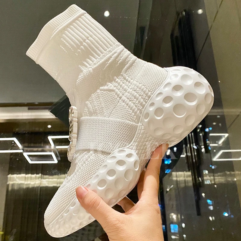 

Free Shipping Short Boots Autumn New Crystal Decor Square Button Design Platform Ladies Sock Boots Round Toe Warm Female Shoes
