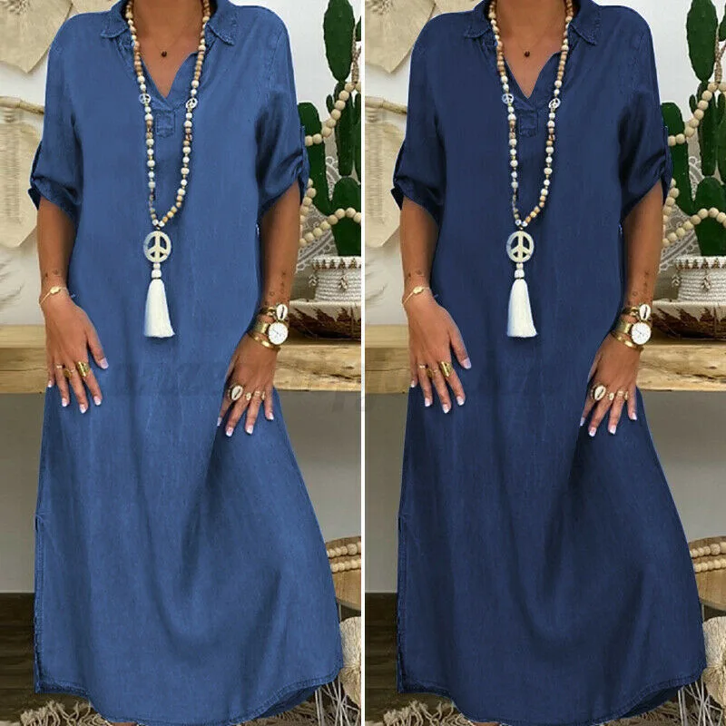 

Autumn new European and American women's dress solid color long dress V-neck denim dress woman