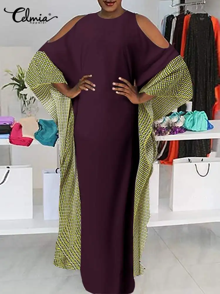 

Celmia Stitching Baggy Elastic Vestidos Off Shoulder 2022 Spring Bat Sleeve O-neck Long Robes Vintage Women Casual Maxi Dress