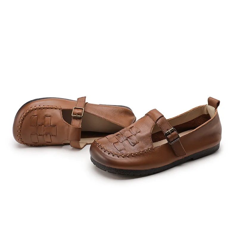 2023 black moccasins for women summer T strap designer shoes flats woman woven loafers buckle genuine leather wide ballet flats