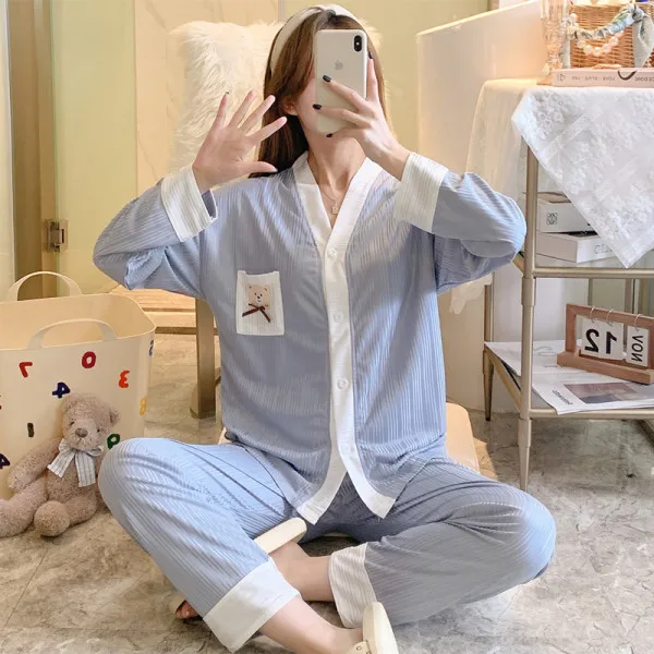 Pajamas Girl Cute Cartoon  Student  Spring/Autumn Fresh Long Sleeves Pit Bar Milk Silk Pocket Bear Home Set Pyjamas Sleepwear