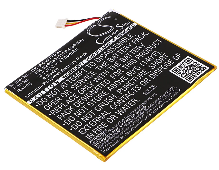 

Tablet Battery For Acer KT.0010H.003 PR-329083(1ICP4/90/84) Iconia One 7 B1-770 Volts 3.7 Capacity 2700mAh / 9.99Wh