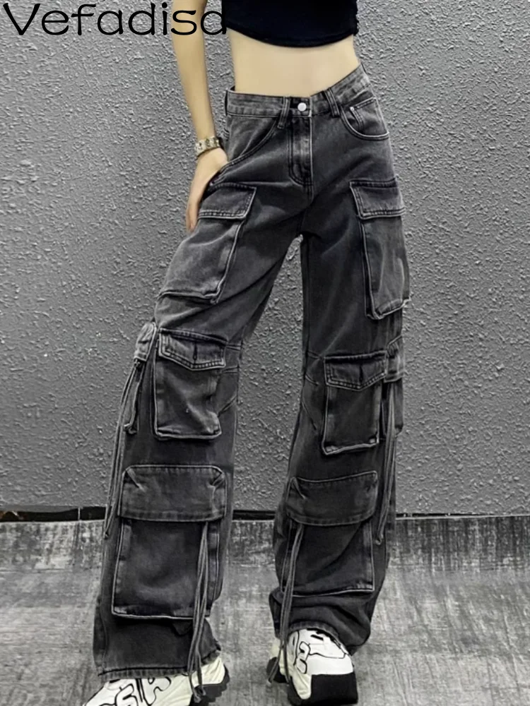 

Vefadisa 2023 Summer Women Jeans Black White Cargo Pants Multi Pocket Loose Slim Wide Leg Pants Personalized Girl Pants ZY1722