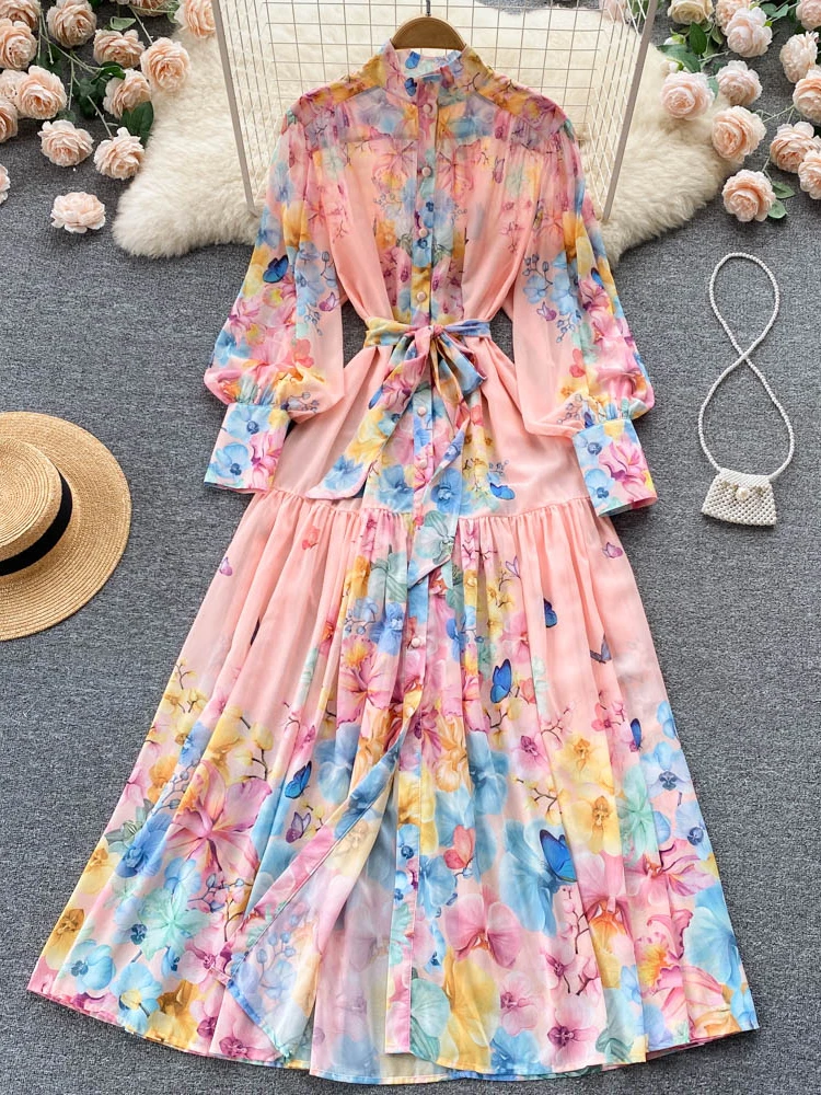 

Aibeautyer New Casual Summer Floral Print Sllim Full Button Lady Dress A Line Stand Collar Chiffon Single Breasted Women Dresses