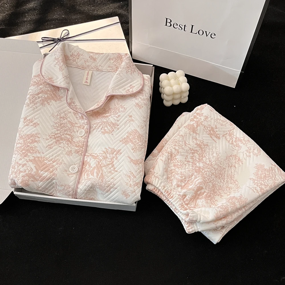 

Высококачественная воздушная стеганая пижама в Корейском стиле с рисунком чернил, Женский утепленный теплый костюм с длинными рукавами на осень и зиму, домашняя одежда
