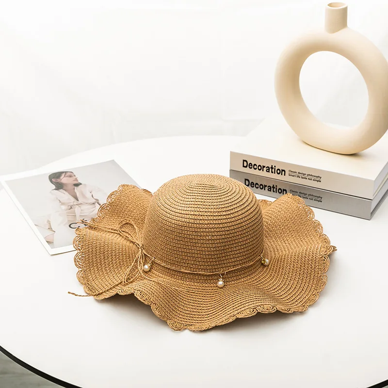

New 2022 Straw Hat for Woman Sun Protection Hat Pearl Ribbon Bow Cap Beach Hat Fashion Straw Hat UV Protection Travel Cap
