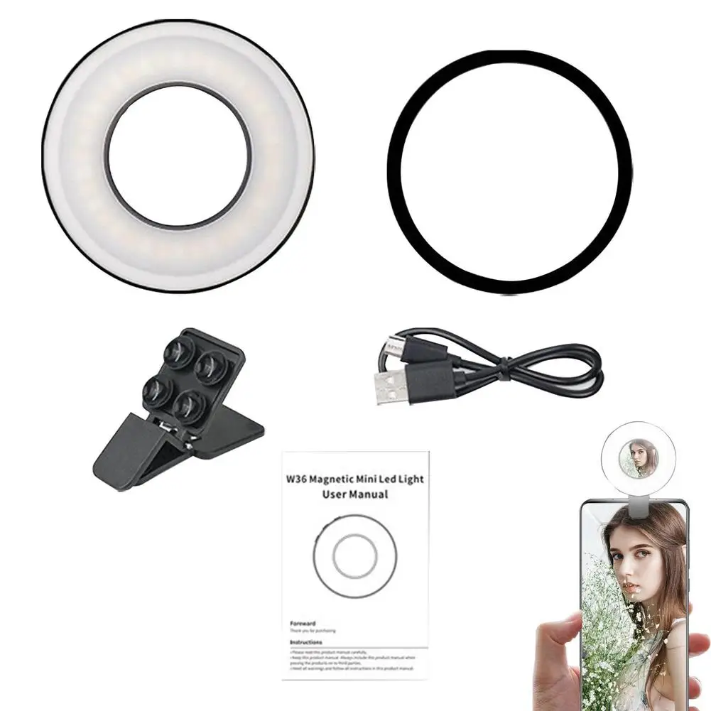 W36 Led Fill Light Mobile Phone Lens Selfie Lamp Ring Mini Makeup Mirror Light Usb Charge Phone Selfie Light