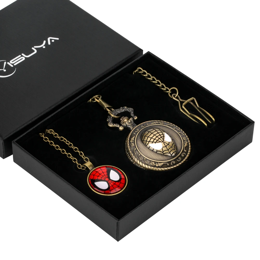 Bronze Pocket Watch Necklace with Pendant 3D Hero Figure Engraved Case Quartz Fob Watch Chain Gift for Men Reloj De Bolsillo