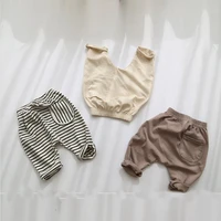 2022 summer new infant girl casual pocket pants children cotton solid trousers for 9m 3t boy toddler striped pant kid clothing