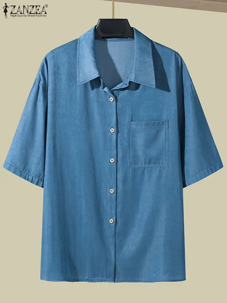 Женская джинсовая рубашка ZANZEA с отложным воротником и коротким рукавом