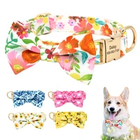 personalized dog collar printed girl dog collars with flower bowtie free engraved dog nameplate necklace for small medium dogs