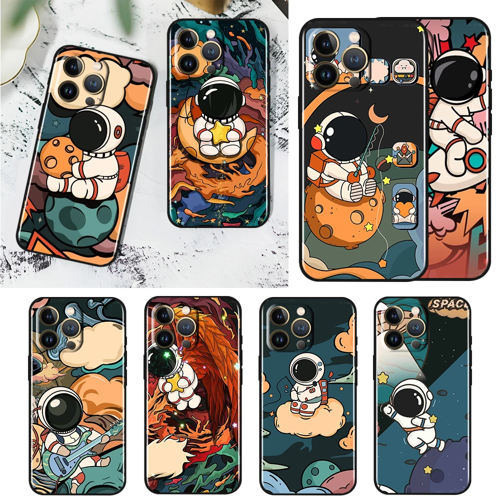 

Cartoon Cute Planet Astronaut For Apple iPhone 13 12 11 Pro Max Mini XS Max X XR 6 7 8 Plus 5S SE2020 Soft TPU Black Phone Case