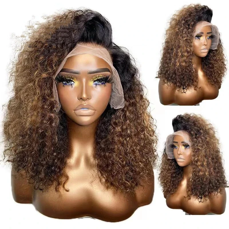 

Glueless Ombre Blonde Kinky Curly Lace Front Wig With BabyHair Preplucked 26Inches Long 180%Density Heat Temperature Daily Wear