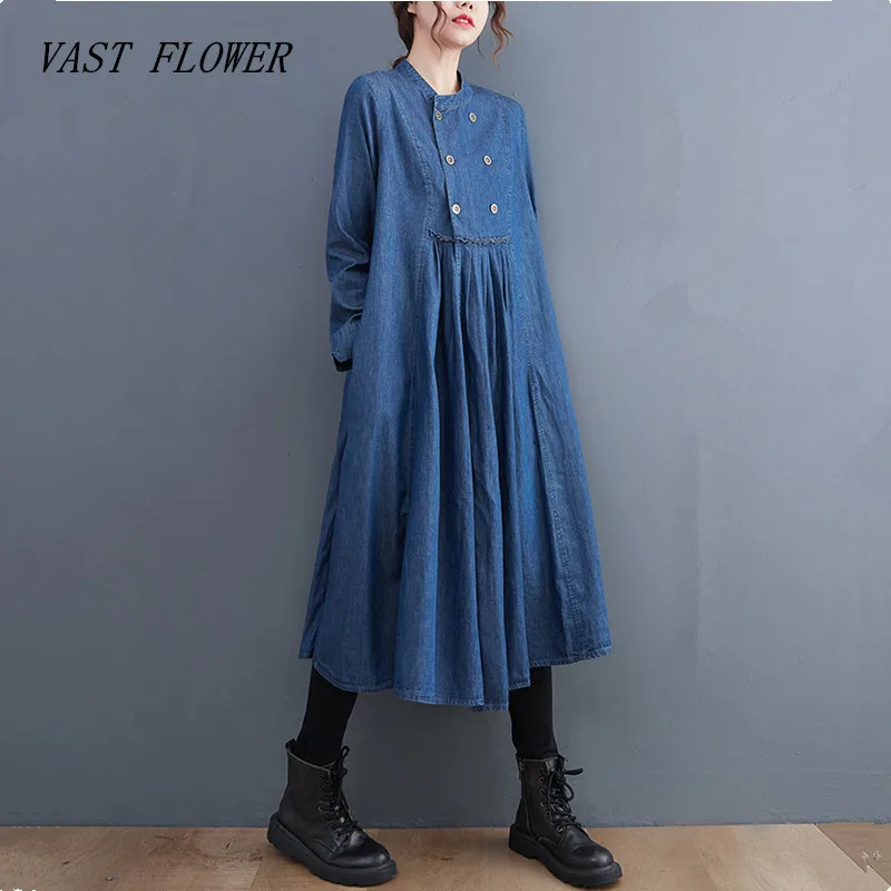 long sleeve denim vintage dresses for women casual loose spring autumn dress elegant clothing 2022