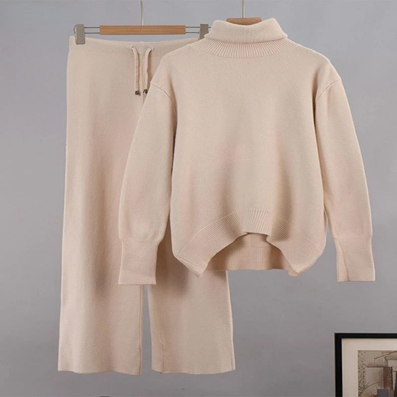 

Женский однотонный спортивный костюм, вязаный пуловер с высоким воротником и длинными рукавами и брюки с широкими штанинами, комплект из 2 п...