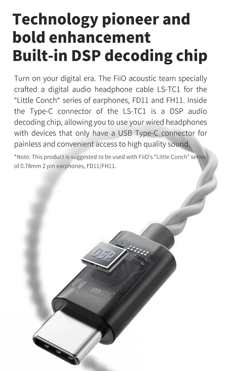 FiiO LS-TC1 DSP Type-C to 0.78mm 2Pin Digital Earphone Cable with Audio Decoding chip Support 24bit/96kHz