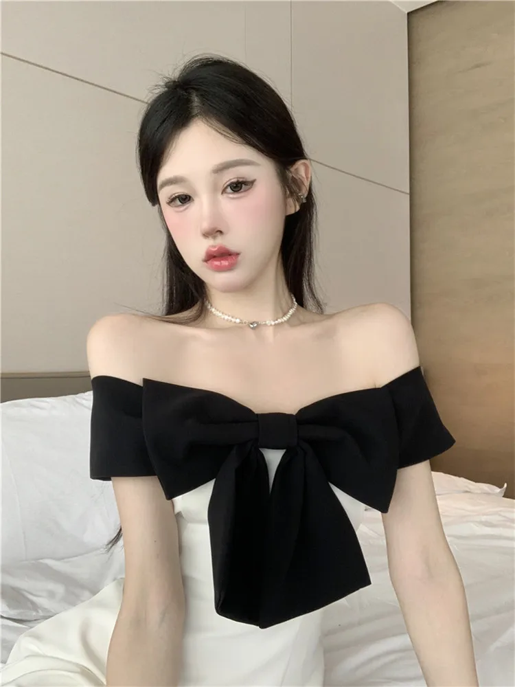 

Contrast Color Sexy White Mini Strap Dress Cute Black Bow Off Shoulder A Line Short Skirt New Summer Fashion Dating Party Dress