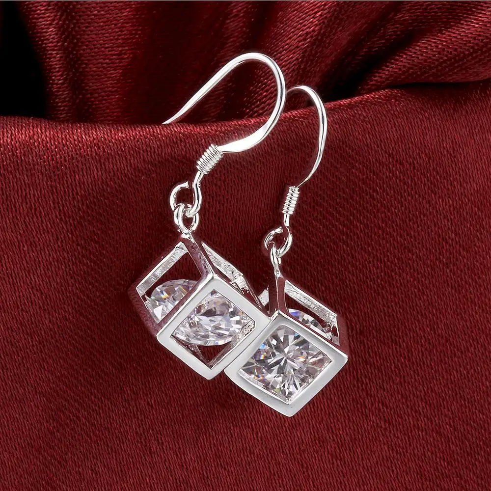 

Hot Pretty 925 Sterling Silver Noble Crystal Lattice Earrings for Women Sweet Romantic Wedding Party Jewelry Holiday Gifts