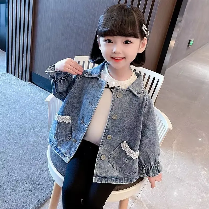 

New Children's Denim Jackets Embroidery Jackets Girls Kids Clothing Baby LaceTrench Jean Coat Outerwear Spring Autumn 2 3 4 5 6