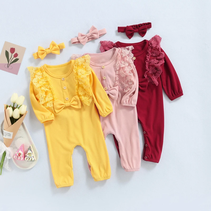 

Pudcoco 2Pcs 0-18M Autumn Baby Girls Sweet Solid Color Jumpsuits Romper Newborns Infant O-Neck Lace Bow Headdress Floral Outfits