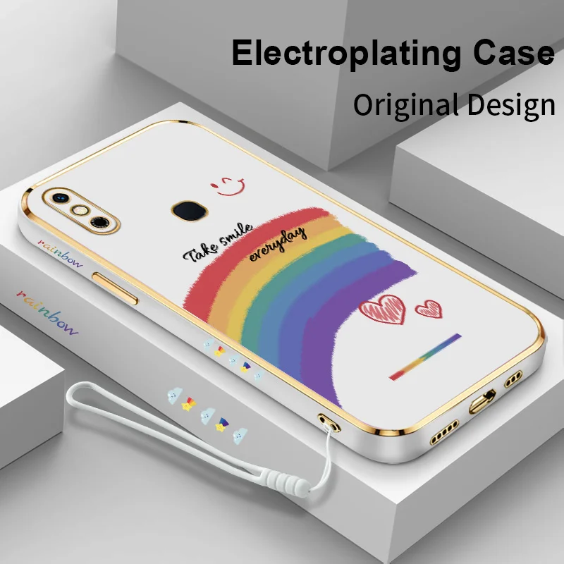 

Rainbow Smiley Sweet for Infinix Smart 4 4C 5 6 HD 6 Plus Hot 10 Lite Zero 5G X Pro X Neo Wristband Electroplating Phone Case