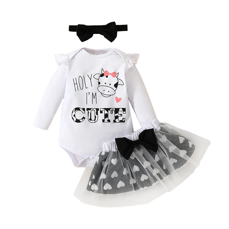

Комплект для маленьких девочек, белое боди с длинным рукавом и принтом коровы, сетчатая юбка с бантом, костюмы для 0-18 месяцев, Одежда для новорожденных девочек