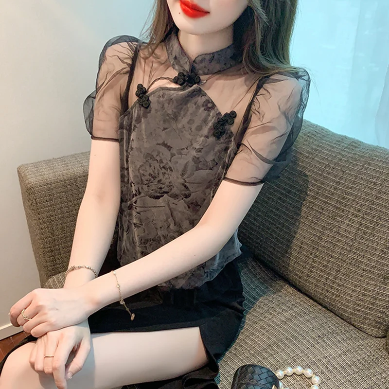 

Рубашки и блузки, модный сетчатый лоскутный Женский приталенный китайский черный пикантный топ с коротким рукавом, просвечивающий Y2k, 2023