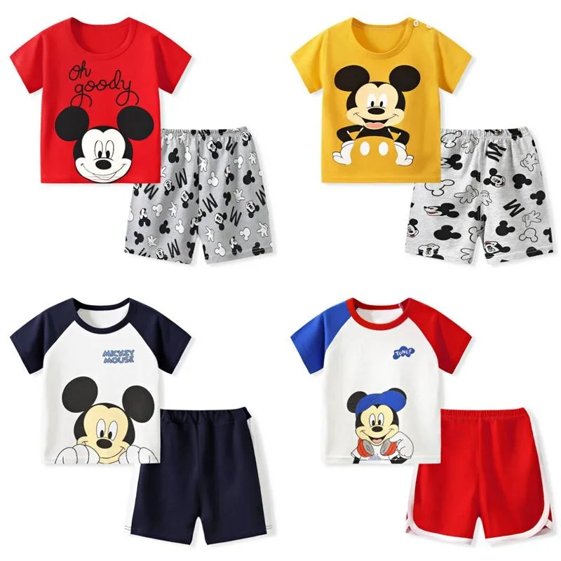 

Новый комплект детской одежды Disney, футболка с принтом Микки Мауса + шорты из двух предметов, модный детский спортивный костюм для девочек и м...