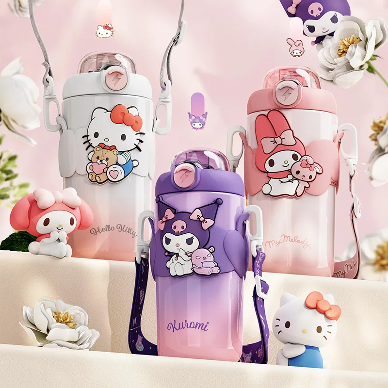 

New 500Ml Sanrio Straws Thermo Cup Kitty Kawaii Kuromi Cinnamoroll Anime Portable Large Capacity with Strap Water Cup Girl Gift