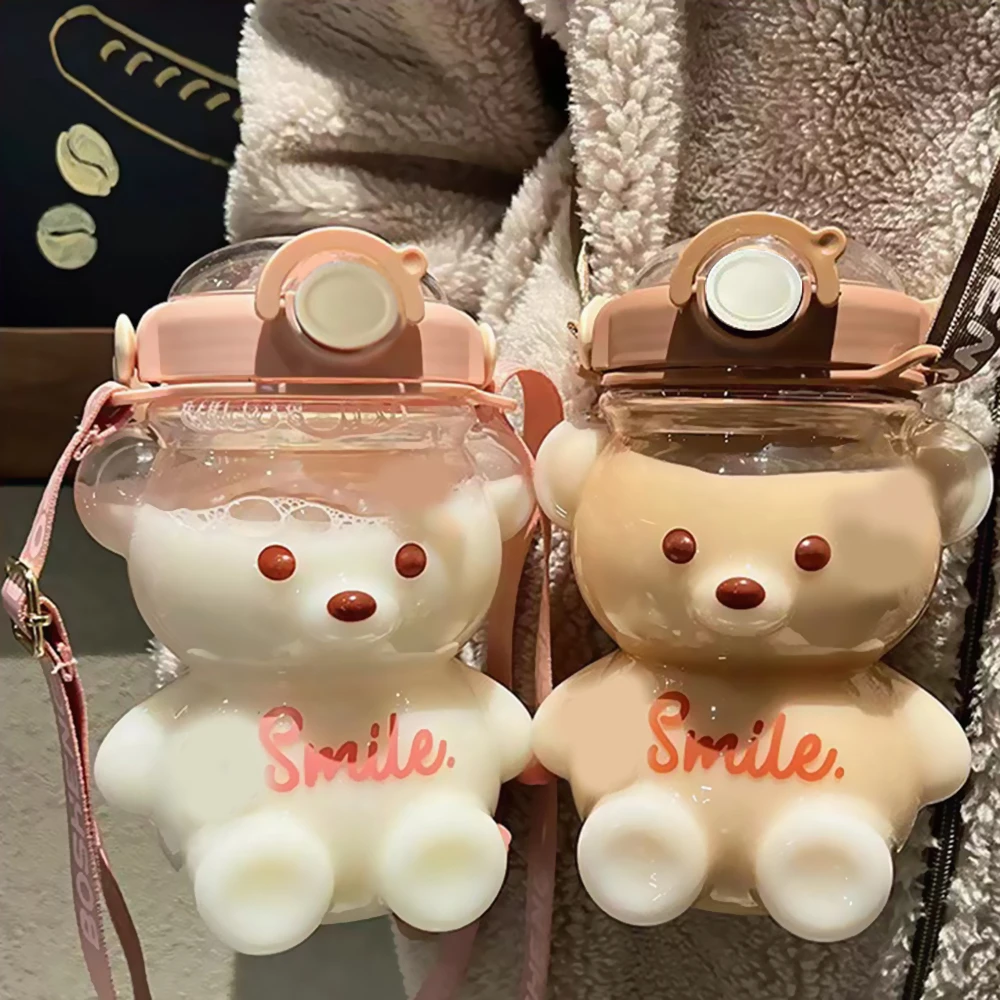 

1000/1400ml Creative Cartoon Bear Clear Anti-leak Water Bottles Plastic Water Bottles Transparent Drink Bottle With Straw