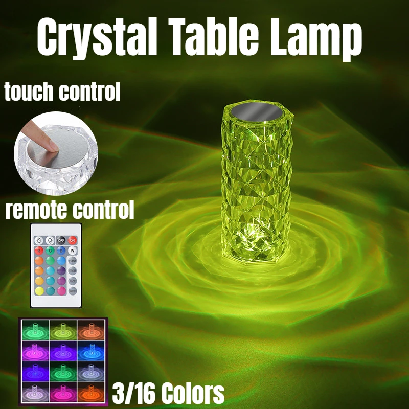 3/16 Colors LED Crystal Table Lamp Rose Light Projector Touch Adjustable Romantic Diamond Atmosphere Light USB Touch Night Light