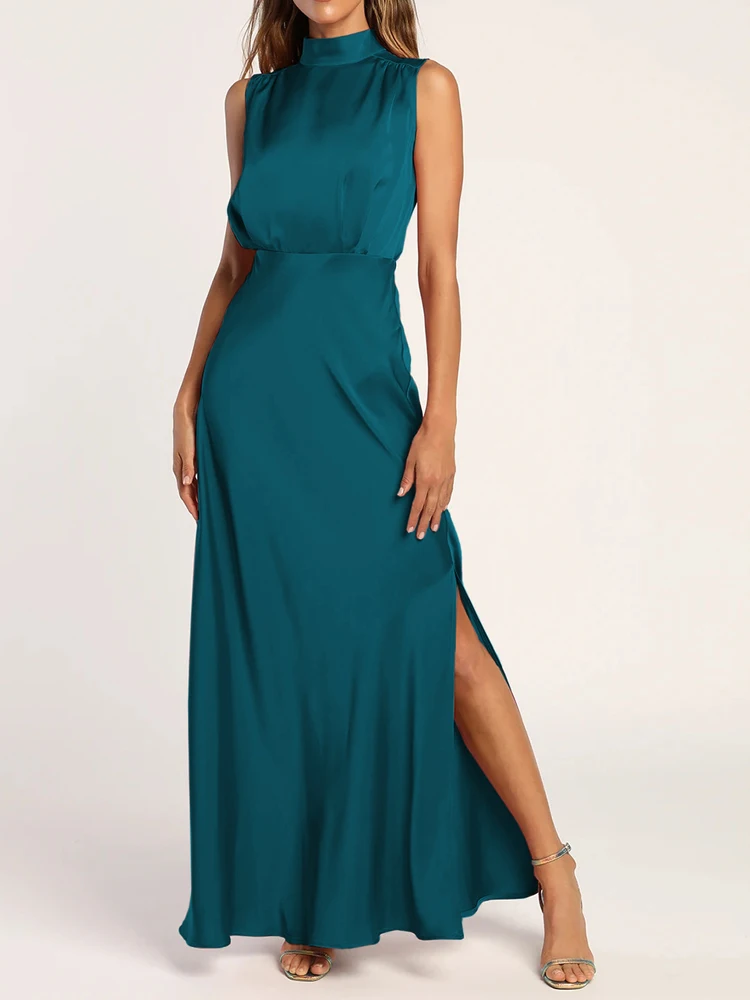 

Атласное Вечернее платье для женщин 2023 с высокой талией без рукавов, половинное Воротник-хомут, сексуальное раздельное платье подружки нев...